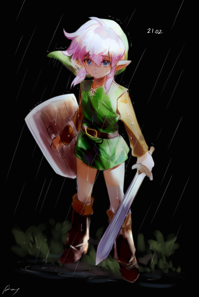 1boy aubz blue_eyes boots brown_footwear full_body green_headwear green_tunic holding holding_shield holding_sword holding_weapon left-handed pink_hair pointy_ears rain shield signature solo standing sword the_legend_of_zelda the_legend_of_zelda:_a_link_to_the_past weapon