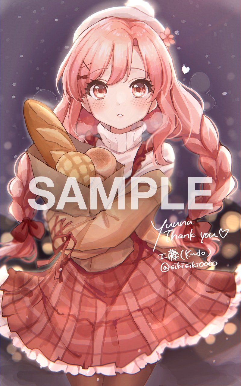 1girl artist_name bag baguette bangs beret blush braid bread character_name commission eyebrows_visible_through_hair food hat heart highres holding holding_bag kudou_(sikisiki0000) looking_at_viewer nini_yuuna paper_bag parted_lips pink_eyes pink_hair pink_skirt plaid plaid_skirt sample skeb_commission skirt snowing solo tsunderia twin_braids virtual_youtuber watermark white_headwear