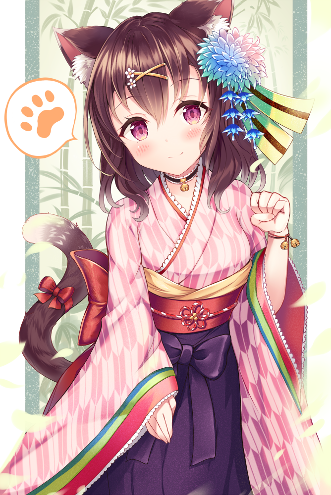 1girl animal_ear_fluff animal_ears back_bow bangs bell bell_choker black_choker blue_flower blush bow brown_hair cat_ears cat_girl cat_tail choker closed_mouth commentary_request eyebrows_visible_through_hair flower hair_between_eyes hair_flower hair_ornament hakama hand_up japanese_clothes jingle_bell kimono long_sleeves looking_at_viewer obi original paw_pose pink_kimono print_kimono purple_hakama red_bow sakura_ani sash sleeves_past_wrists smile solo tail tail_bow tail_ornament violet_eyes wide_sleeves yagasuri