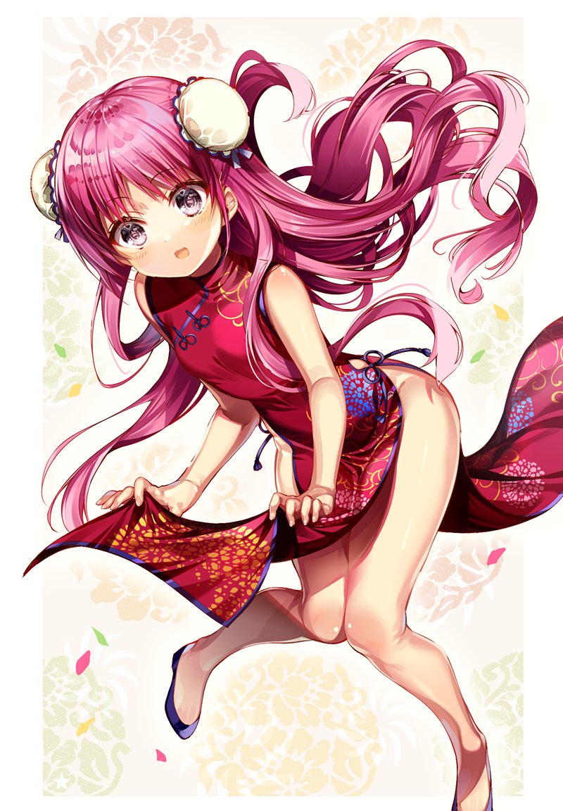 1girl :d blue_footwear blue_ribbon blush breasts bun_cover chi_no china_dress chinese_clothes double_bun dress feet_out_of_frame floating_hair katou_umi long_hair looking_at_viewer no_panties open_mouth petals pink_hair print_dress pumps red_dress ribbon shiny shiny_hair side_slit sleeveless sleeveless_dress small_breasts smile solo summer_pockets very_long_hair white_background