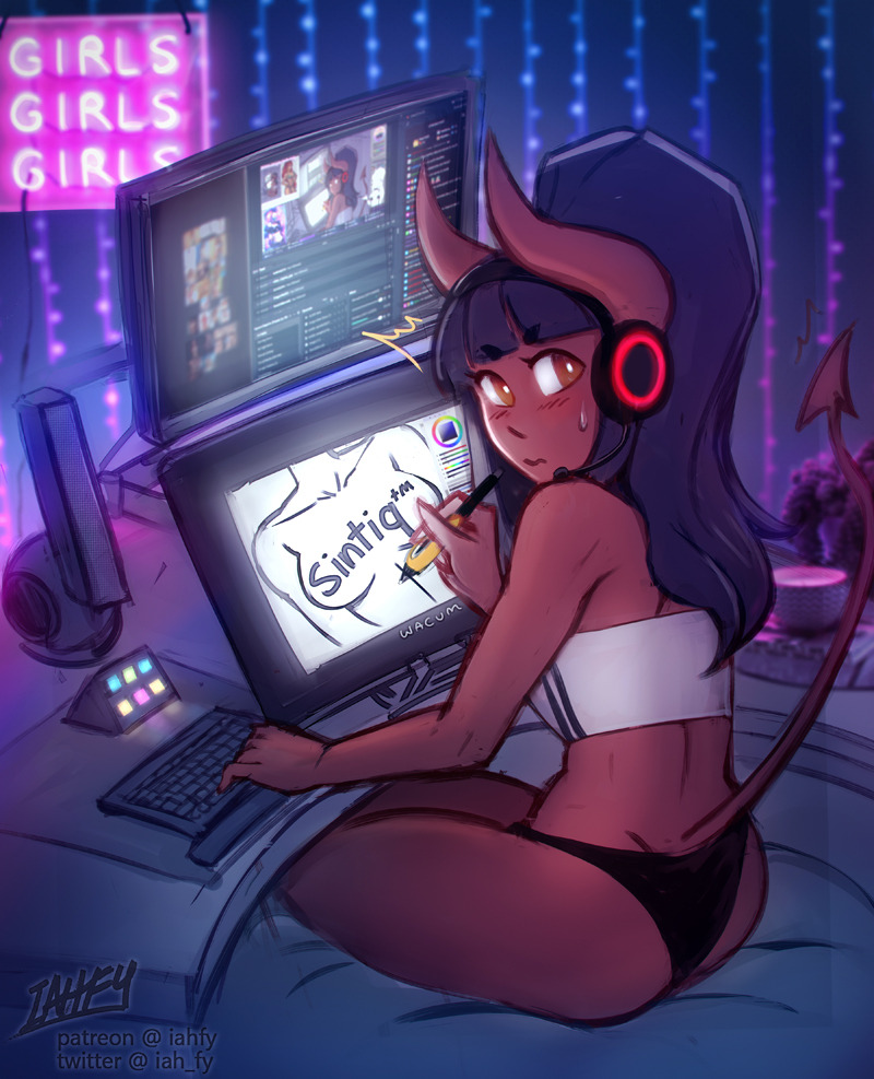 1girl artist_self-insert at_computer bangs bare_shoulders black_hair black_panties blunt_bangs blush brand_name_imitation caught colored_skin demon_girl demon_horns demon_tail desk drawing drawing_tablet english_commentary eyebrows_visible_through_hair from_behind headphones headset high_ponytail horns iahfy keyboard_(computer) long_hair monitor multiple_monitors neon_lights orange_eyes original panties recursion red_horns red_skin short_eyebrows sitting skin-covered_horns solo speaker strapless stylus sweatdrop synth_(iahfy) tail tail_raised tubetop turning_head underwear