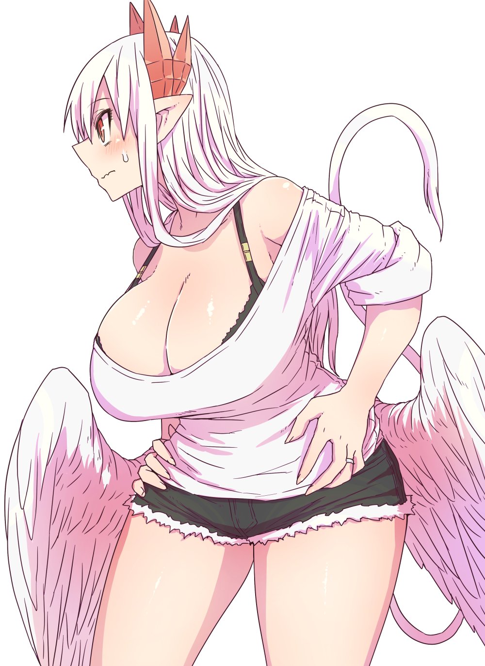 1girl black_bra blush bra bra_strap breasts demon_horns denim denim_shorts feathered_wings from_side hand_on_hip highres horns huge_breasts jewelry juugoya_(zyugoya) lorem_(mazohaha) musuko_ga_kawaikute_shikatanai_mazoku_no_hahaoya pointy_ears red_eyes red_horns ring short_shorts shorts sweatdrop tail thighs underwear wedding_ring white_background white_hair white_tail white_wings wings