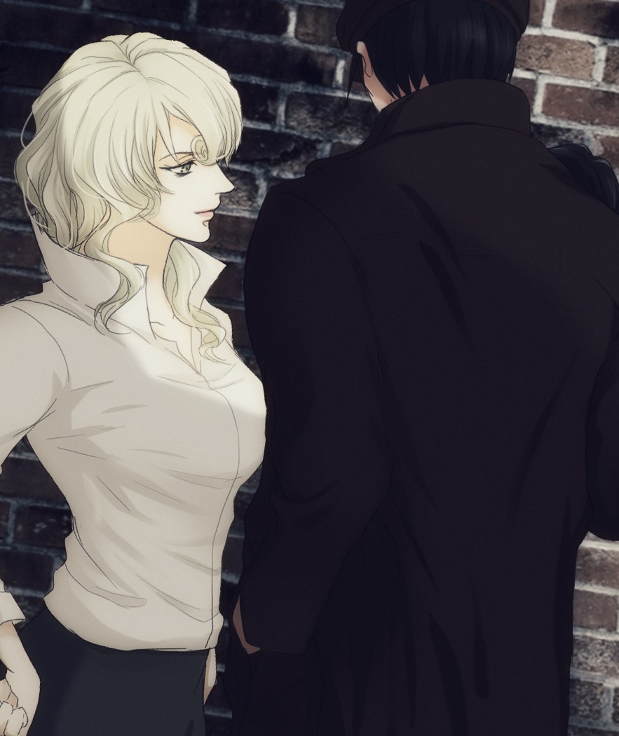 1boy 1girl akai_tsutomu black_coat black_hair black_headwear black_skirt blonde_hair breasts brick_wall closed_mouth coat collarbone collared_shirt commentary_request eyebrows_visible_through_hair facing_away from_behind from_side green_eyes hair_between_eyes hand_in_pocket hand_on_hip hat hidden_face husband_and_wife long_hair long_sleeves looking_to_the_side mary_sera meitantei_conan pencil_skirt popped_collar ryo_kamai shirt short_hair skirt standing white_shirt