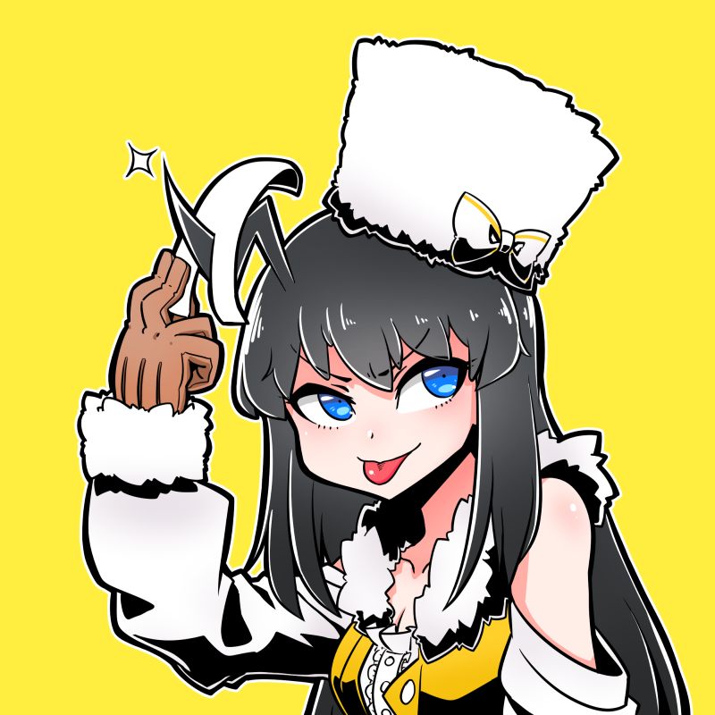 1girl :p ahoge black_hair blue_eyes bow cutting eyebrows_visible_through_hair fur-trimmed_jacket fur_hat fur_trim girls_frontline gloves hat hat_bow jacket leather leather_gloves long_hair off_shoulder smile solo stechkin_(girls_frontline) tongue tongue_out upper_body ushanka voodoowood yellow_background