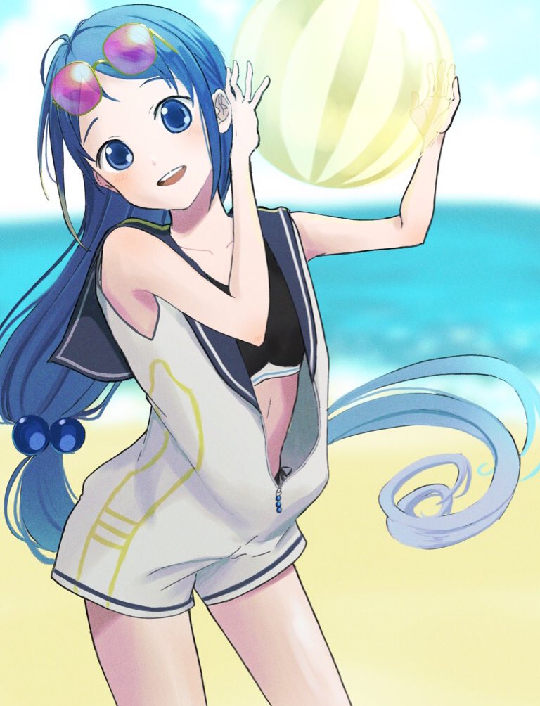 1girl :d alternate_costume ball beachball blue_eyes blue_hair cowboy_shot eyewear_on_head head_tilt holding holding_ball holding_beachball kantai_collection long_hair looking_at_viewer noborito_toto open_mouth samidare_(kancolle) smile solo sunglasses very_long_hair