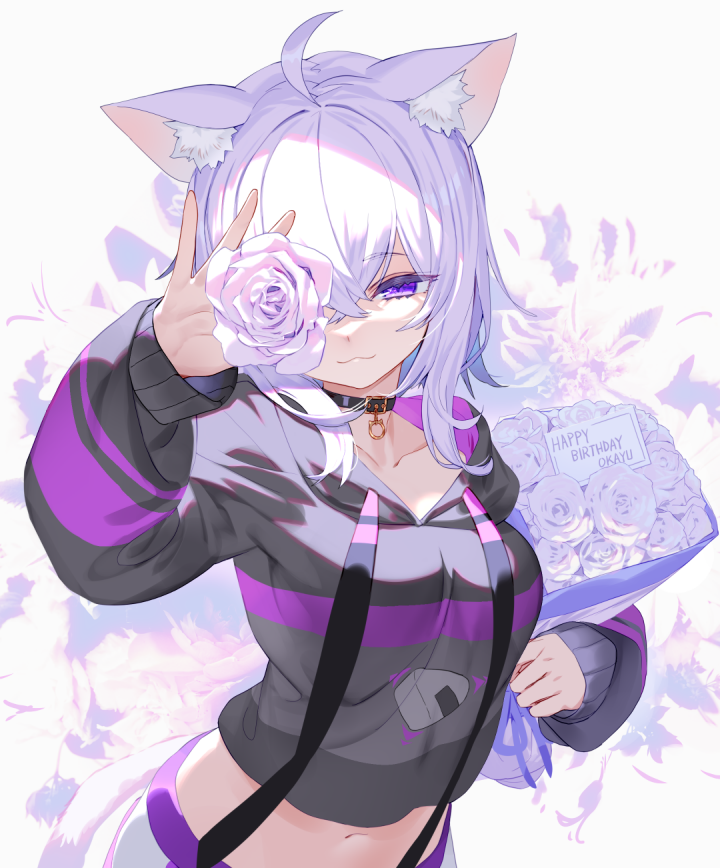1girl :3 ahoge animal_ears arm_up bangs black_hoodie bouquet breasts buckle cat_ears cat_girl cat_tail character_name closed_mouth collar collarbone covering_one_eye drawstring eyebrows_visible_through_hair floral_background flower hair_between_eyes happy_birthday holding holding_bouquet hololive hood hood_down hoodie izumi_sai long_sleeves medium_breasts midriff navel nekomata_okayu purple_hair rose short_hair smile solo tail upper_body violet_eyes virtual_youtuber white_flower white_rose