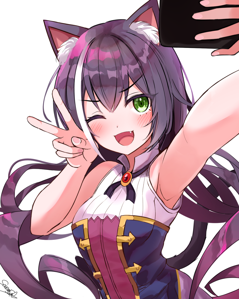 1girl ;d animal_ear_fluff animal_ears armpits artist_name bangs bare_arms bare_shoulders blush cat_ears cat_girl cat_tail cellphone eyebrows_visible_through_hair fang green_eyes hand_up holding holding_phone karyl_(princess_connect!) long_hair low_twintails multicolored_hair one_eye_closed open_mouth outstretched_arm phone princess_connect! princess_connect!_re:dive purple_hair purple_neckwear sazamiso_rx self_shot shiny shiny_hair signature simple_background sleeveless smartphone smile solo streaked_hair tail twintails upper_body v v-shaped_eyebrows white_background