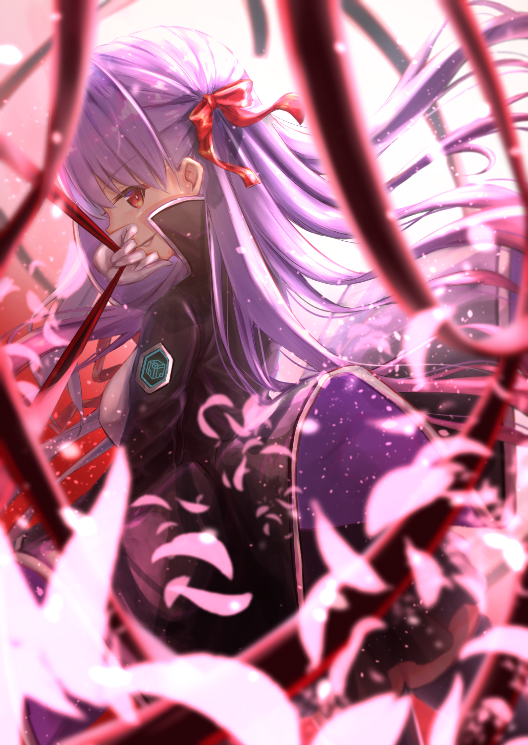 1girl akamin bangs bb_(fate) bb_(fate)_(all) black_coat blue_hair blurry blurry_foreground bow breasts coat eyebrows_visible_through_hair fate/grand_order fate_(series) from_side gloves hair_bow hand_up high_collar highres long_hair long_sleeves looking_at_viewer looking_to_the_side medium_breasts parted_lips petals red_eyes sideways_glance smile solo standing white_gloves wide_sleeves