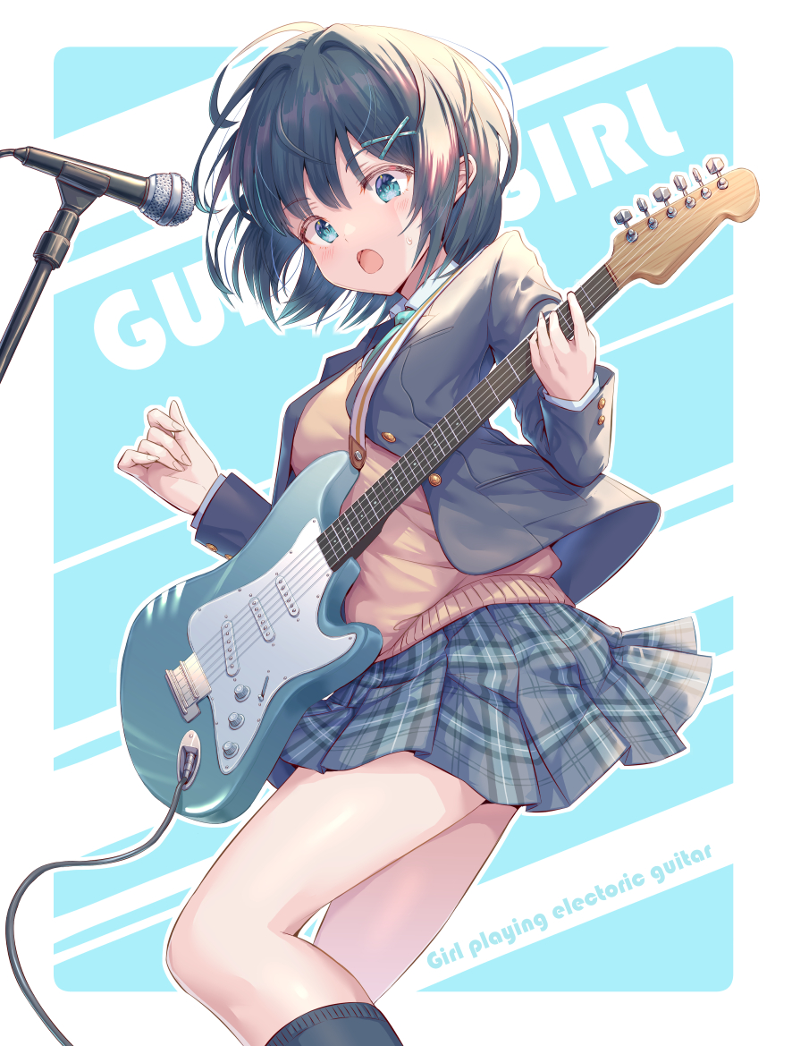 1girl :o bangs blue_eyes blue_jacket blue_legwear blue_skirt blush breasts dark_blue_hair electric_guitar english_text eyebrows_visible_through_hair guitar hair_ornament hirokazu_(analysis-depth) holding holding_instrument instrument jacket long_sleeves looking_at_viewer medium_breasts microphone microphone_stand open_clothes open_jacket orange_shirt original plaid plaid_skirt shirt short_hair skirt socks solo standing x_hair_ornament