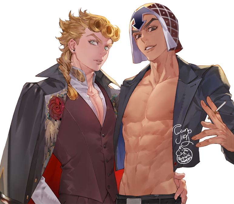 2boys abs areolae arms_around_waist bangs bare_pecs belt black_eyes blonde_hair braid braided_bangs braided_ponytail cigarette collarbone collared_jacket earrings flower formal funpjinju giorno_giovanna green_eyes guido_mista hat holding holding_cigarette jacket jewelry jojo_no_kimyou_na_bouken long_hair long_sleeves looking_at_viewer male_focus midriff multiple_boys navel nipples open_clothes open_jacket open_mouth simple_background suit toned toned_male vest white_background