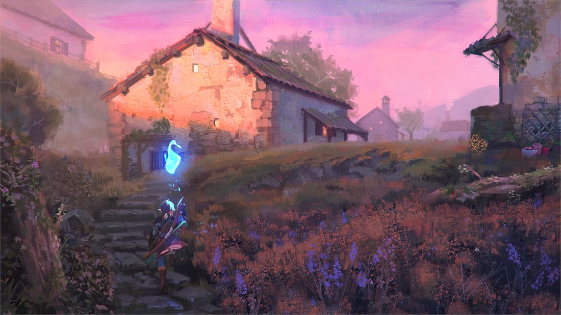 1boy blue_fire boots bow_(weapon) brown_footwear building chimney commentary english_commentary fire flower hand_up holding holding_shield holding_torch house joanne_tran link outdoors plant pointy_ears ponytail quiver scenery shield the_legend_of_zelda the_legend_of_zelda:_breath_of_the_wild torch weapon wide_shot
