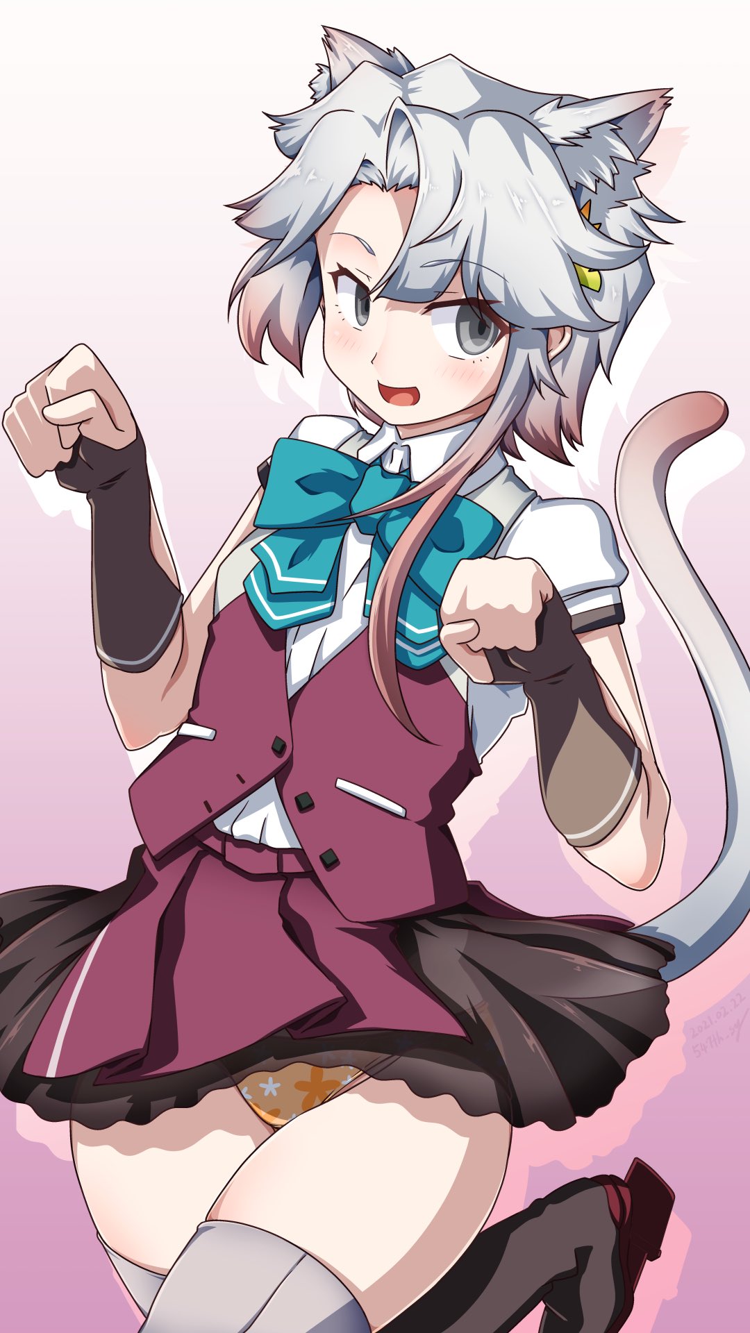 1girl 547th_sy akishimo_(kancolle) animal_ear_fluff animal_ears asymmetrical_bangs asymmetrical_hair bangs black_gloves blue_neckwear blush bow bowtie brown_hair cat_day cat_ears cat_tail eyebrows_visible_through_hair fingerless_gloves gloves gradient gradient_background gradient_hair grey_eyes grey_legwear hair_ornament highres kantai_collection leaf_hair_ornament leg_up multicolored_hair open_mouth orange_panties outline panties paw_pose purple_skirt purple_vest rudder_footwear shirt short_sleeves silver_hair simple_background skirt solo tail thigh-highs underwear vest white_shirt