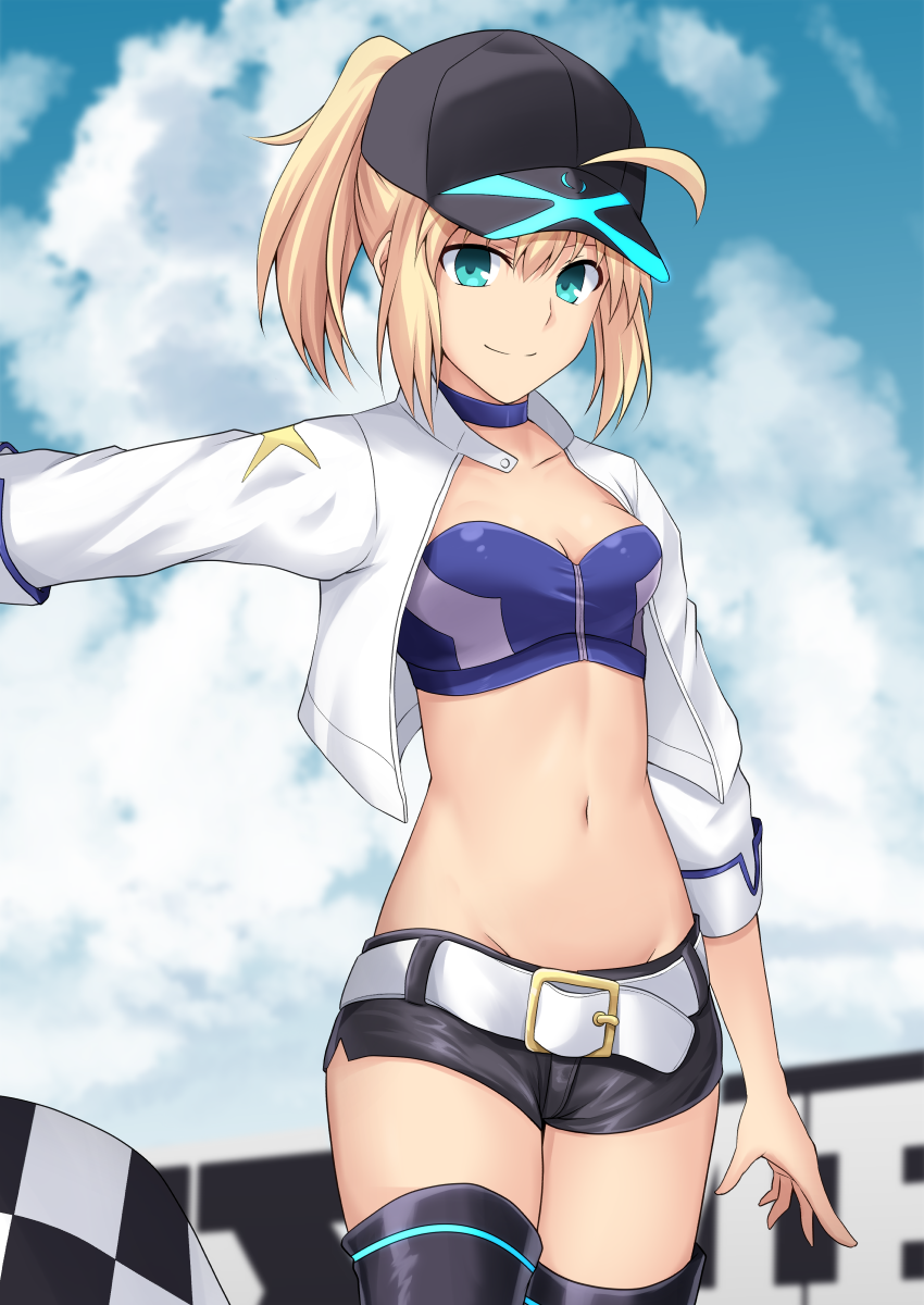 1girl ahoge alternate_costume arm_at_side artoria_pendragon_(all) baseball_cap belt black_headwear black_shorts blonde_hair breasts clouds cloudy_sky collarbone commentary_request cowboy_shot cropped_jacket cross_(crossryou) day fate/grand_order fate_(series) groin hair_through_headwear hat highres holding jacket long_hair long_sleeves looking_at_viewer medium_breasts midriff mysterious_heroine_x_(fate) navel open_clothes open_jacket outdoors racequeen short_shorts shorts sky solo stomach thigh-highs white_belt white_jacket