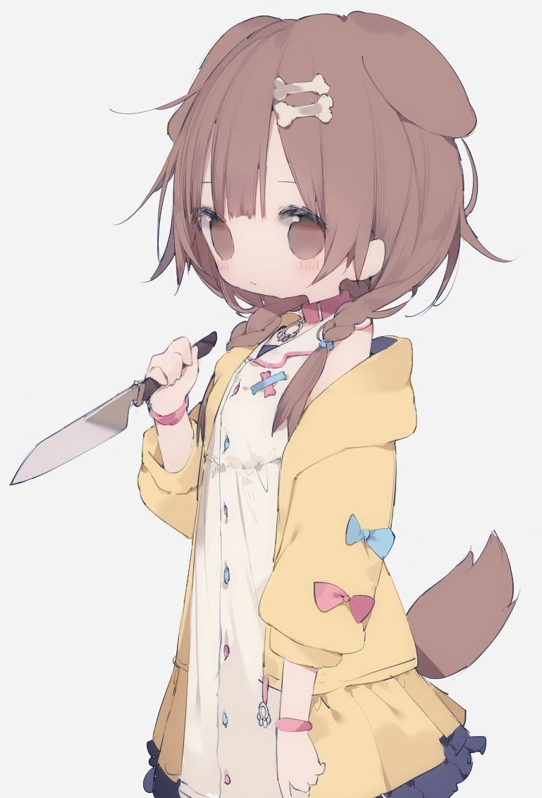 1girl animal_collar animal_ears bangs blue_bow bone_hair_ornament bow bracelet braid brown_eyes brown_hair brown_tail closed_mouth collar dog_ears dog_girl dog_tail dress frilled_dress frills grey_background hair_ornament holding holding_knife hololive inugami_korone jacket jewelry knife long_hair looking_at_viewer low_twin_braids nanmokaken no_pupils off_shoulder open_clothes pink_bow red_collar sleeveless sleeveless_dress solo tail twin_braids virtual_youtuber white_dress wristband yellow_jacket