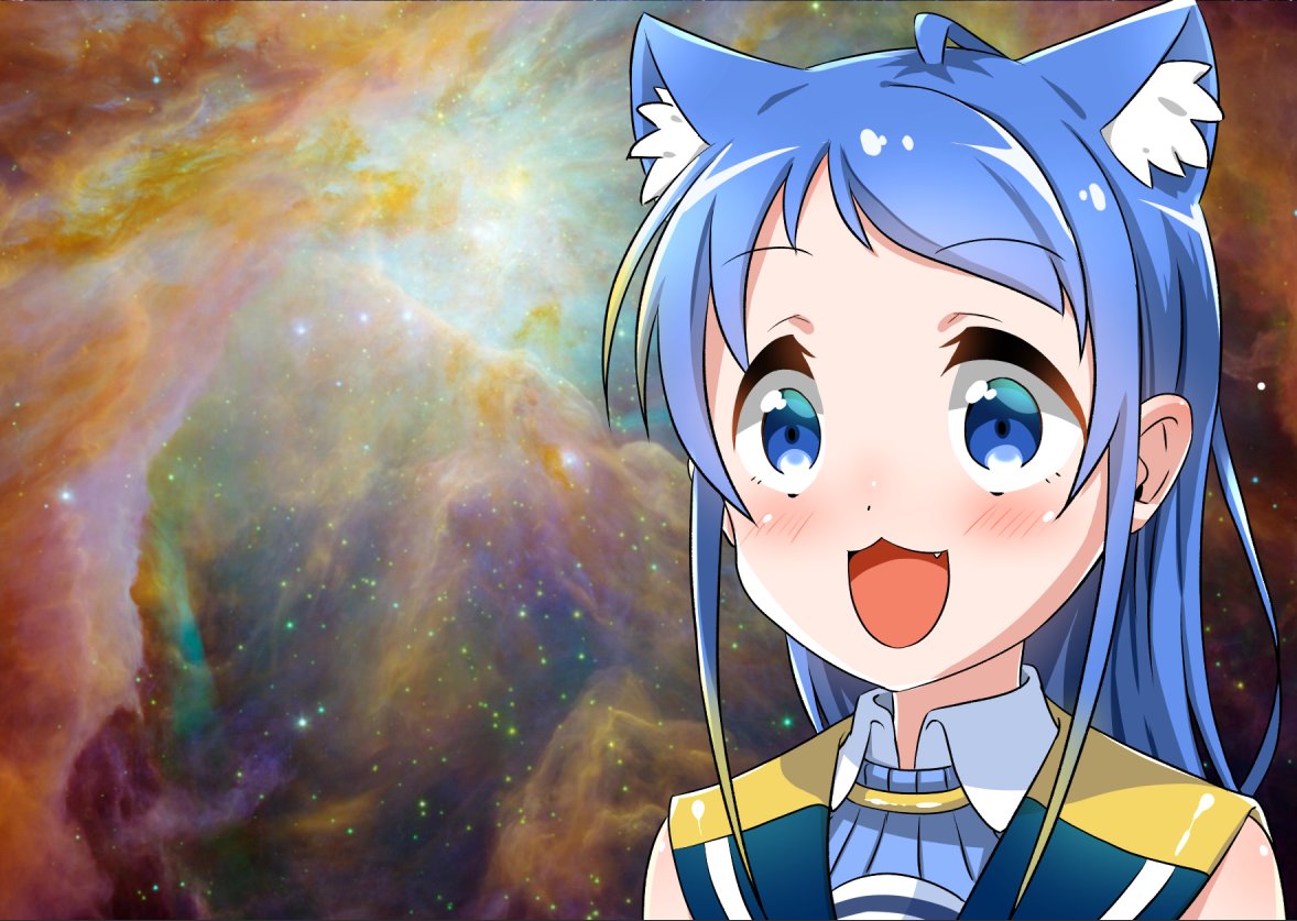 1girl bangs black_sailor_collar blue_eyes blue_hair cat_day commentary_request fang kantai_collection kemonomimi_mode long_hair nebula open_mouth parody sailor_collar samidare_(kancolle) school_uniform serafuku shirt sleeveless sleeveless_shirt smile solo space space_cat_(meme) swept_bangs upper_body very_long_hair yokoshima_(euphoria)