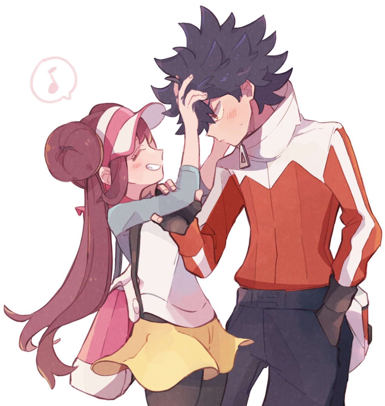 1boy 1girl arm_grab bag black_gloves black_hair blush closed_eyes closed_mouth commentary double_bun eyelashes fingerless_gloves gloves grin hand_in_pocket highres hugh_(pokemon) jacket legwear_under_shorts looking_at_another musical_note ohds101 pants pantyhose pokemon pokemon_(game) pokemon_bw2 raglan_sleeves rosa_(pokemon) shirt shorts sidelocks sleeves_past_elbows smile spiky_hair spoken_musical_note sweatdrop teeth tied_hair twintails visor_cap yellow_shorts zipper_pull_tab