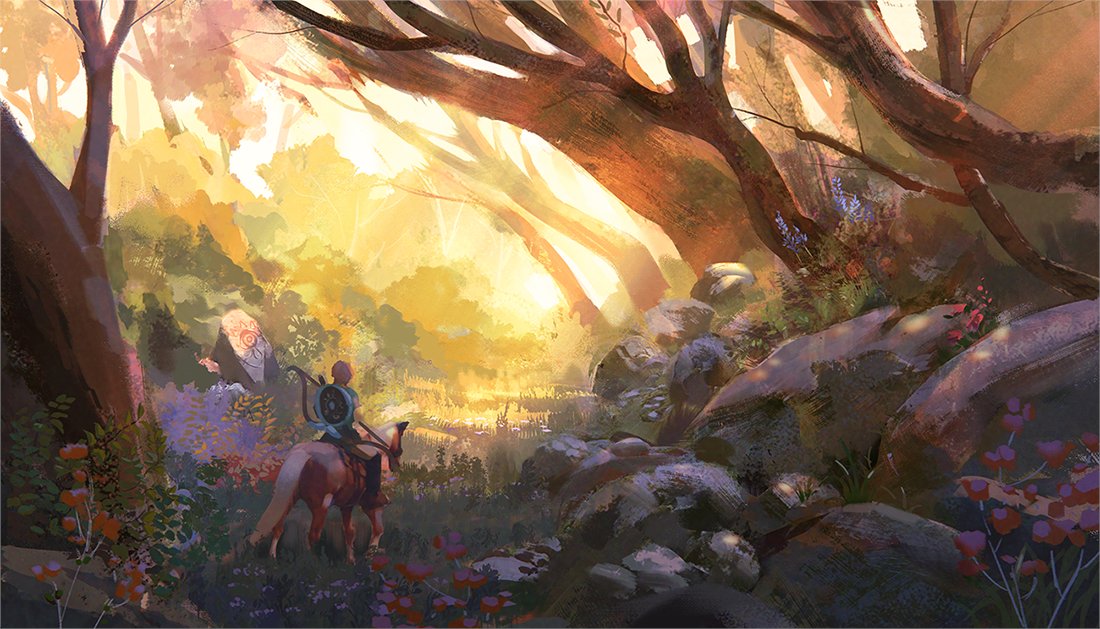 1boy animal blonde_hair bow_(weapon) commentary english_commentary flower holding holding_bow_(weapon) holding_weapon horse horseback_riding joanne_tran link nature outdoors plant riding rock scenery shield the_legend_of_zelda the_legend_of_zelda:_breath_of_the_wild tree weapon wide_shot