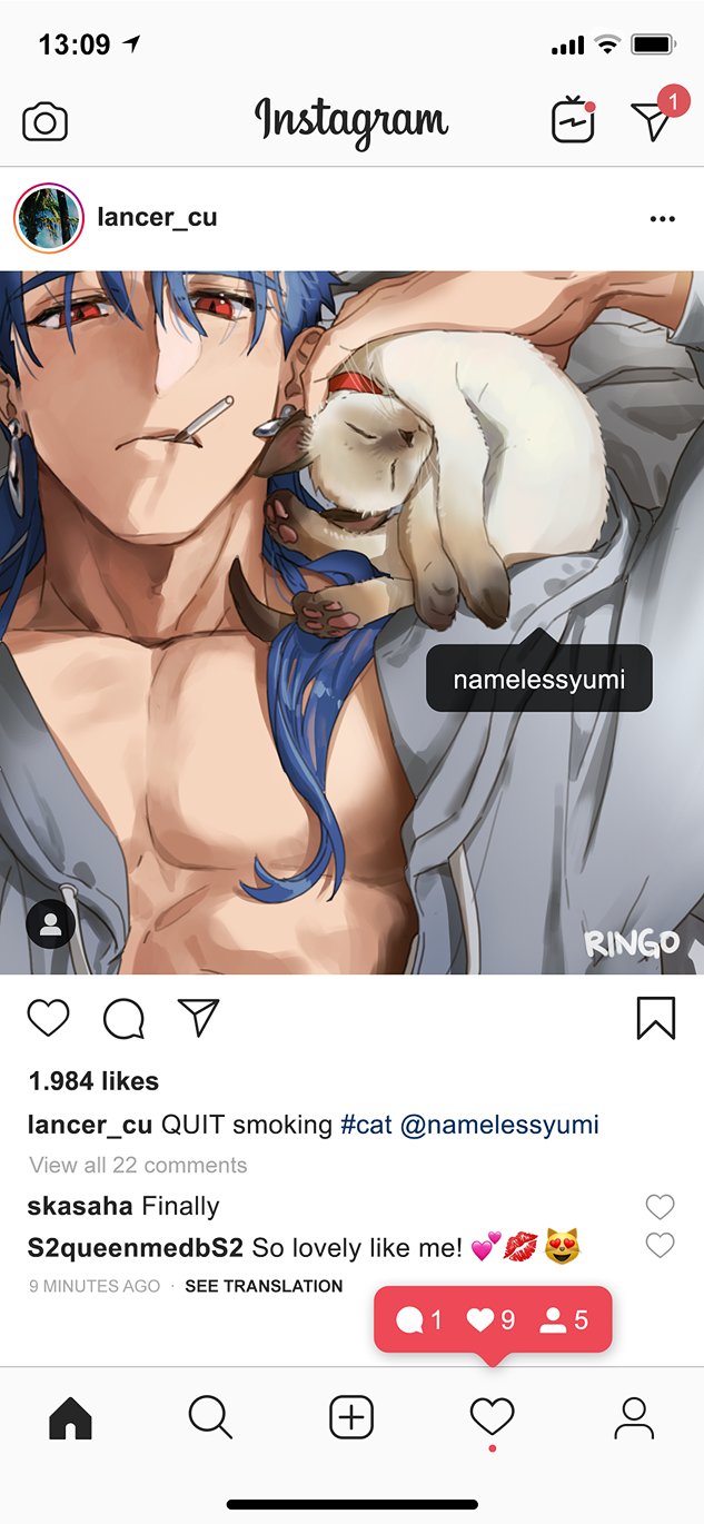1boy 1other alternate_costume alternate_hairstyle animal blue_hair cat cigarette collarbone cu_chulainn_(fate)_(all) earrings english_text fake_screenshot fate/stay_night fate_(series) g0ringo hair_down highres instagram instagram_logo jewelry lancer long_hair male_focus muscular muscular_male open_clothes open_shirt paws red_eyes siamese_cat slit_pupils