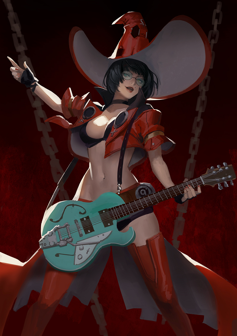 1girl belt black_gloves black_hair boots bra breasts chain choker electric_guitar fingerless_gloves glasses gloves guilty_gear guilty_gear_strive guitar hat i-no instrument lipstick makeup medium_breasts midriff mole navel open_mouth phamoz red_background short_hair short_shorts shorts simple_background smile solo sunglasses thigh-highs thigh_boots thighs underwear witch_hat