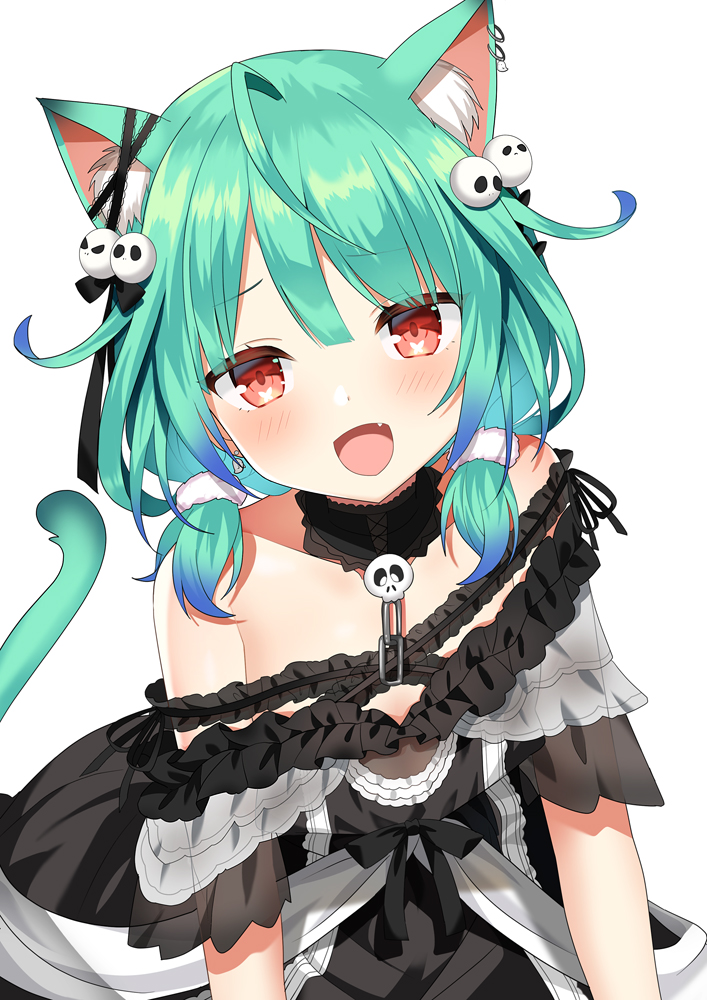 1girl ahoge animal_ear_fluff animal_ears bare_shoulders black_dress black_ribbon blue_hair blush cat_ears cat_tail commentary detached_collar dress ear_piercing eyebrows_visible_through_hair fang flat_chest frilled_dress frills gradient_hair green_hair hair_ornament hair_ribbon hololive kemonomimi_mode kurot multicolored_hair off-shoulder_dress off_shoulder open_mouth piercing red_eyes ribbon see-through_sleeves short_hair simple_background skull_hair_ornament smile solo tail twintails two-tone_hair uruha_rushia virtual_youtuber white_background