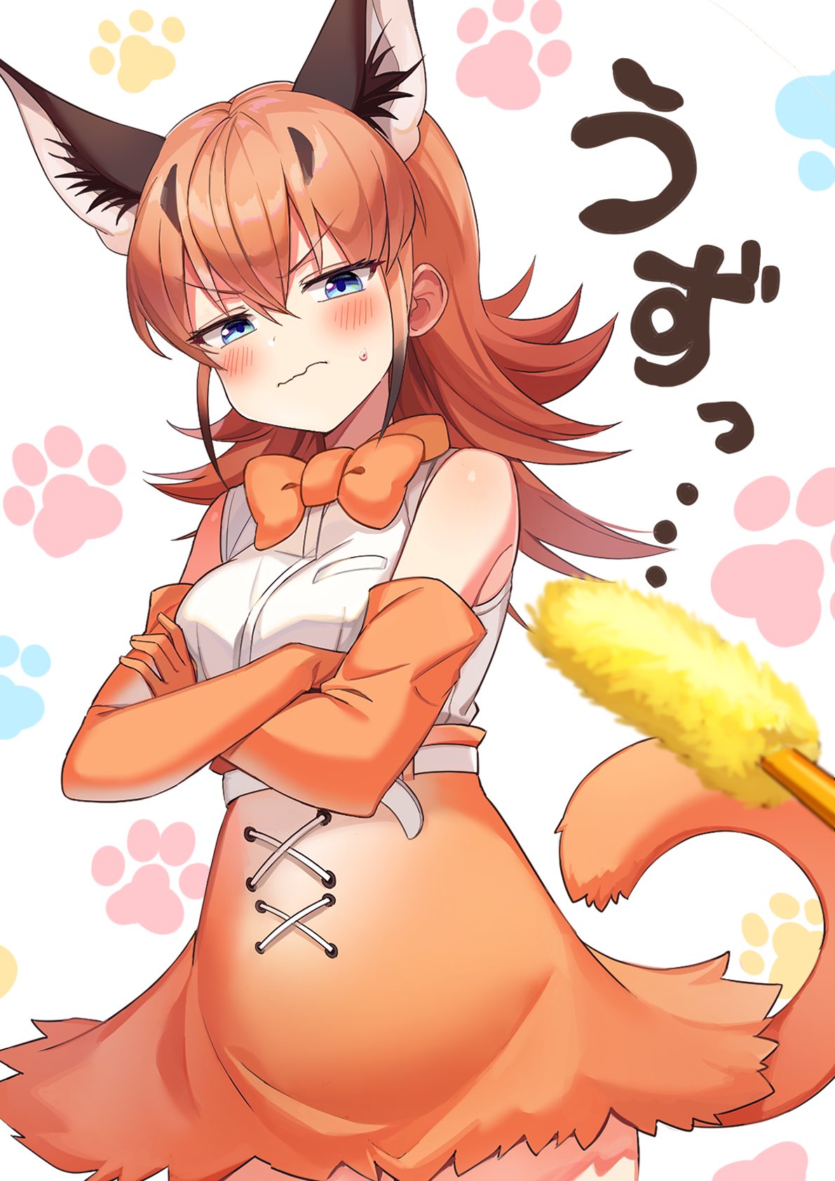 1girl bare_shoulders belt black_hair blue_eyes blush bow bowtie caracal_(kemono_friends) caracal_ears caracal_girl caracal_tail cat_day cat_teaser commentary_request cowboy_shot crossed_arms elbow_gloves extra_ears eyebrows_visible_through_hair gloves high-waist_skirt highres kamuraaa_615 kemono_friends orange_hair shirt sidelocks skirt sleeveless solo sweatdrop tail translated white_shirt