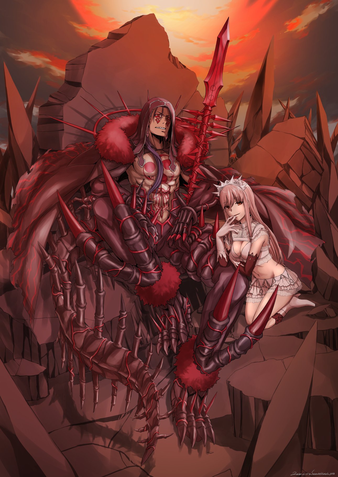 1boy 1girl abs angry black_gloves black_pants blue_hair bodypaint boots breasts bustier cape claws cleavage_cutout closed_mouth clothing_cutout cu_chulainn_(fate)_(all) cu_chulainn_alter_(fate/grand_order) dark_blue_hair dark_persona earrings elbow_gloves facepaint fate/grand_order fate_(series) frilled_skirt frills fur-trimmed_cape fur_trim gae_bolg_(fate) gloves hand_on_own_face high_heel_boots high_heels highres hood hood_up jewelry kneeling long_hair medb_(fate) medb_(fate)_(all) medium_breasts monster_boy muscular muscular_male navel nonone_(the9thxsheep) outdoors pants pectorals pink_hair ponytail red_eyes revealing_clothes sharp_teeth shirtless sitting skin_tight skirt smile spikes tail teeth tiara white_footwear white_gloves white_skirt yellow_eyes