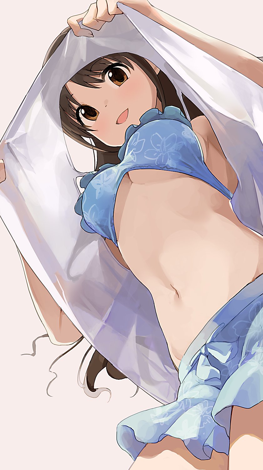 1girl bangs bikini bikini_skirt blue_bikini breasts brown_eyes brown_hair commentary dot_nose eyebrows_visible_through_hair frilled_bikini frills from_below hands_up highres hiroki_(yyqw7151) idolmaster idolmaster_cinderella_girls lifted_by_self long_hair looking_at_viewer looking_down navel open_mouth parted_bangs shimamura_uzuki simple_background smile solo swimsuit under_boob white_background