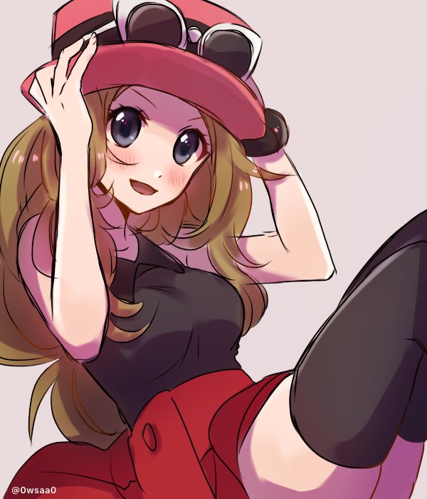 0wsaa0 1girl :d black_legwear black_shirt blue_eyes blush breasts brown_hair collared_shirt eyewear_on_headwear grey_background long_hair looking_at_viewer medium_breasts miniskirt open_mouth pink_headwear pokemon pokemon_(game) pokemon_xy red_skirt serena_(pokemon) shiny shiny_hair shirt simple_background skirt sleeveless sleeveless_shirt smile solo sunglasses thigh-highs twitter_username very_long_hair white-framed_eyewear wing_collar zettai_ryouiki