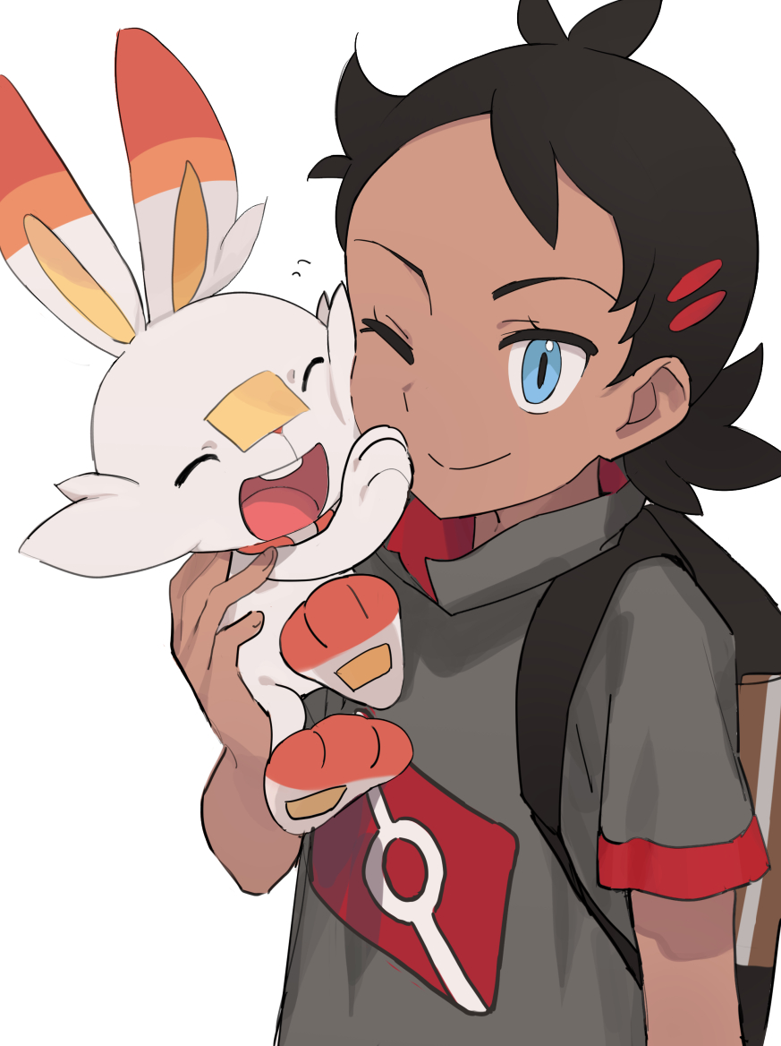 1boy antenna_hair backpack bag bangs black_hair blue_eyes closed_mouth commentary_request dark_skin dark_skinned_male eyelashes gen_8_pokemon goh_(pokemon) heath_(artist) holding holding_pokemon male_focus pokemon pokemon_(anime) pokemon_(creature) pokemon_swsh_(anime) scorbunny short_sleeves simple_background smile starter_pokemon white_background