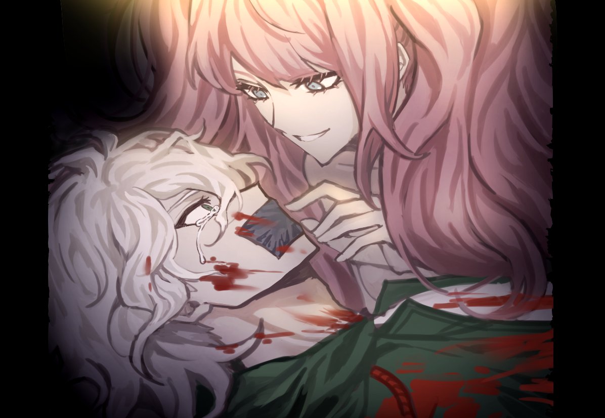 1boy 1girl blood blood_on_face bloody_clothes blue_eyes commentary_request crying crying_with_eyes_open dangan_ronpa:_trigger_happy_havoc dangan_ronpa_(series) dangan_ronpa_2:_goodbye_despair drggarashi enoshima_junko from_side gag green_jacket grin hair_between_eyes improvised_gag jacket komaeda_nagito long_hair looking_at_another lying on_back open_clothes open_jacket pillarboxed pink_hair print_shirt shirt smile tape tape_gag tears twintails upper_body white_hair white_shirt