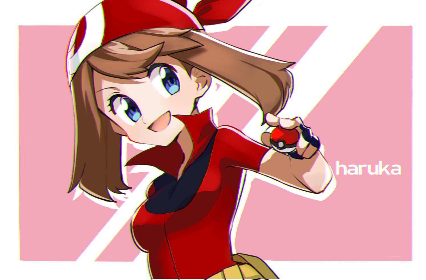 1girl :d bandana bangs blue_eyes breasts brown_hair character_name collared_shirt fingerless_gloves gloves may_(pokemon) open_mouth pokemon pokemon_(game) pokemon_rse red_bandana red_shirt shirt simple_background smile solo watta02614129
