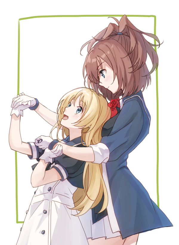 2girls ascot black_dress blonde_hair blue_eyes blush brown_hair closed_mouth dress eyebrows_visible_through_hair flower gloves jervis_(kancolle) kantai_collection long_hair messy_hair military military_uniform mitsuyo_(mituyo324) multiple_girls no_hat no_headwear open_mouth pleated_skirt ponytail red_flower red_neckwear red_rose rose sailor_dress sheffield_(kancolle) short_sleeves skirt smile uniform white_gloves white_skirt
