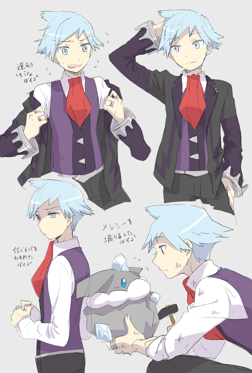 1boy arm_up blush carbink closed_mouth collared_shirt commentary_request flying_sweatdrops grey_eyes grey_hair hand_on_hip holding holding_pokemon jacket jewelry long_sleeves male_focus necktie niimura_(csnel) off_shoulder pants pokemon pokemon_(creature) pokemon_(game) pokemon_oras purple_vest ring shirt short_hair steven_stone vest white_shirt