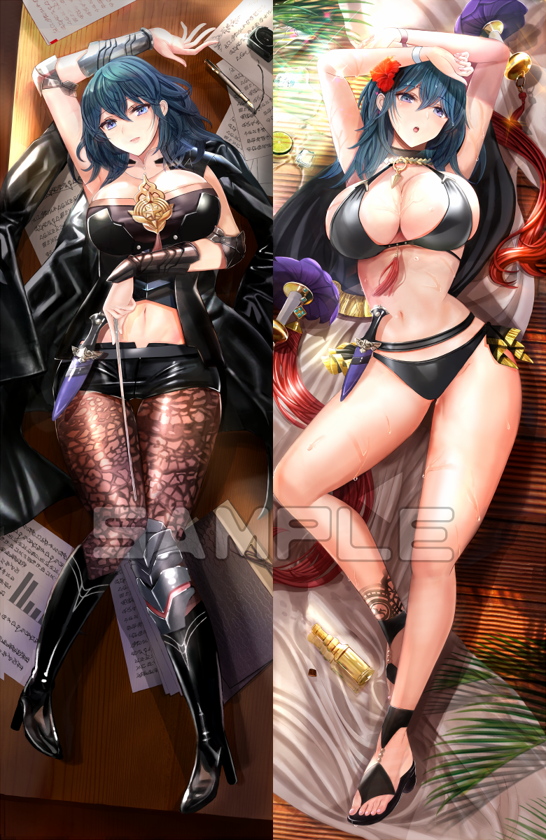 1girl arm_guards arms_up bikini black_bikini blue_eyes blue_hair boots breasts byleth_(fire_emblem) byleth_eisner_(female) dagger dakimakura_(medium) fire_emblem fire_emblem:_three_houses fire_emblem_heroes high_heel_boots high_heels highres large_breasts looking_at_viewer lying navel official_alternate_costume on_back sandals stomach swimsuit swimwear tongari weapon
