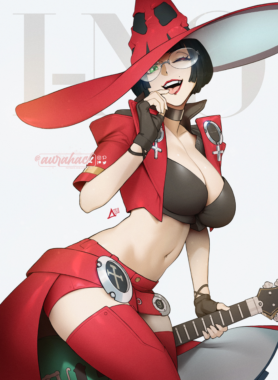 1girl ;p aurahack black_choker black_gloves black_hair boots breasts bustier choker cropped_jacket electric_guitar english_commentary fingerless_gloves glasses gloves green_eyes guilty_gear guilty_gear_strive guitar hat highres i-no instrument jacket large_breasts lips mole mole_above_mouth navel one_eye_closed red_footwear red_headwear red_jacket red_shorts red_skirt rimless_eyewear short_hair shorts showgirl_skirt skirt solo thigh-highs thigh_boots tongue tongue_out witch_hat zettai_ryouiki