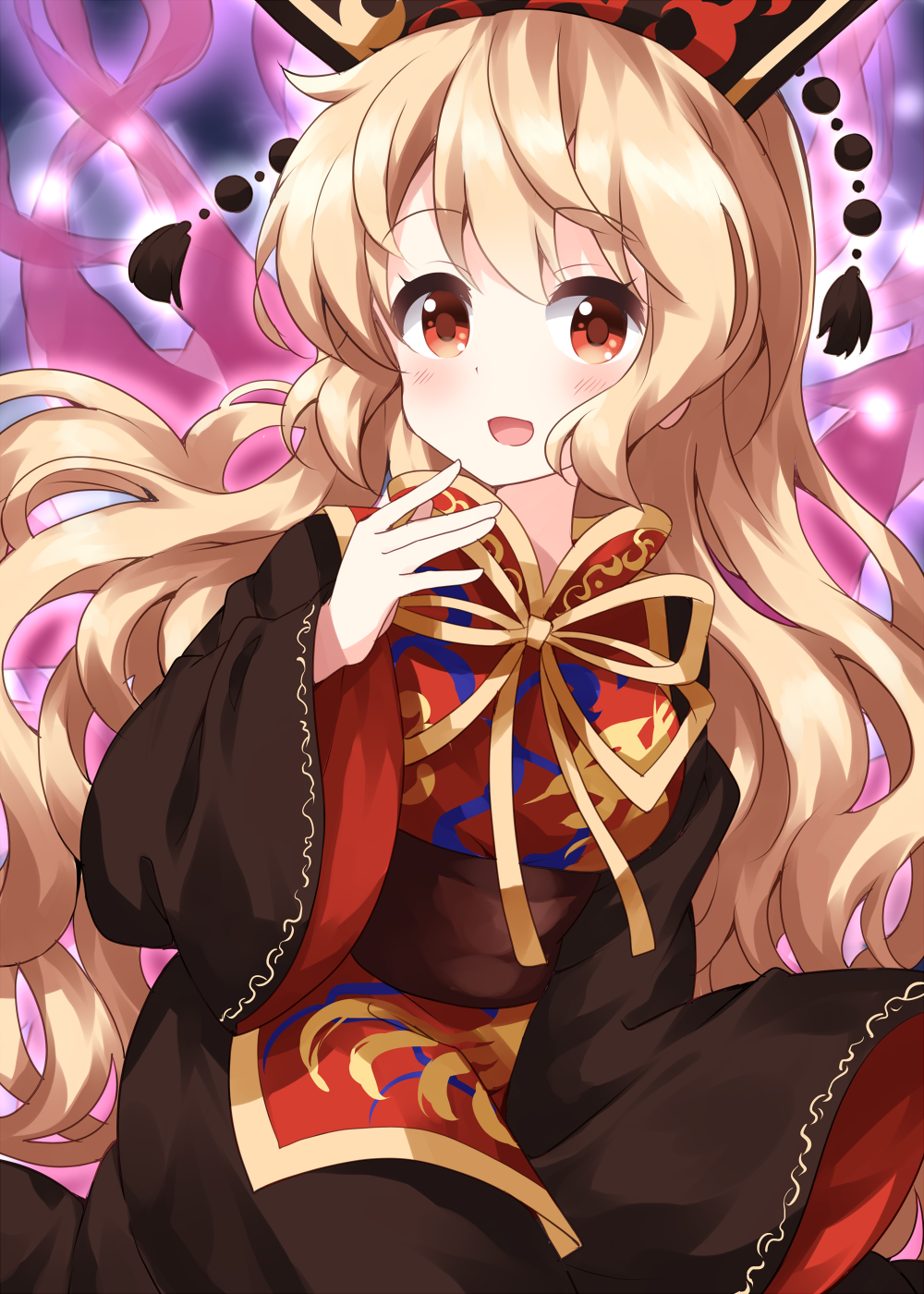 1girl :d bangs black_dress blonde_hair dress eyebrows_visible_through_hair hand_to_own_mouth hat highres junko_(touhou) long_hair long_sleeves looking_at_viewer open_mouth red_eyes ruu_(tksymkw) sash smile solo tabard touhou very_long_hair wavy_hair wide_sleeves