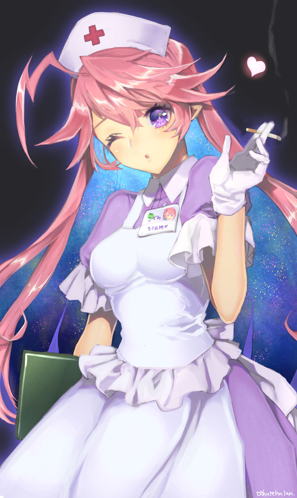 1girl ahoge blue_outline cigarette clipboard dress frills galaxy gloves glowing hair_between_eyes hat heart highres holding holding_cigarette holding_clipboard id_card long_hair murata_tefu nurse nurse_cap one_eye_closed original outline pink_hair pointy_ears puffy_sleeves smoke solo violet_eyes white_gloves