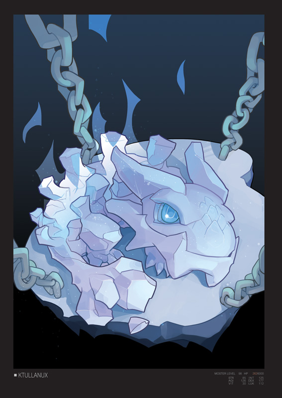 animal black_border blue_background border chain character_name commentary_request english_text gradient gradient_background ice ktullanux monster no_humans number ragnarok_online solo stats tennohi typo