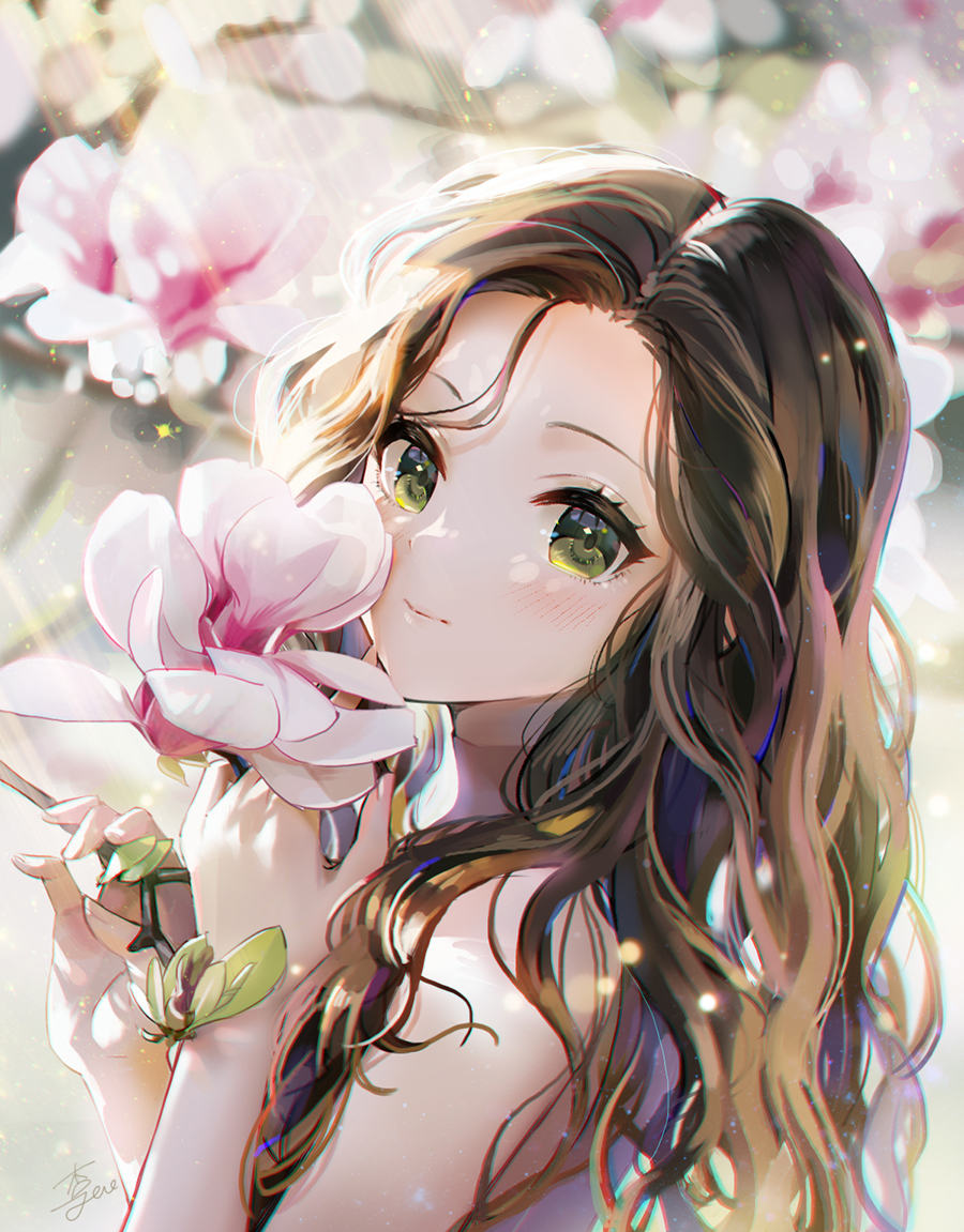 1girl anzumame artist_name blurry blurry_background bokeh branch brown_hair chromatic_aberration closed_mouth commentary_request depth_of_field flower green_eyes holding holding_branch leaf light_rays long_hair looking_at_viewer orchid original pink_flower plant signature sleeveless solo sunlight turtleneck wavy_hair