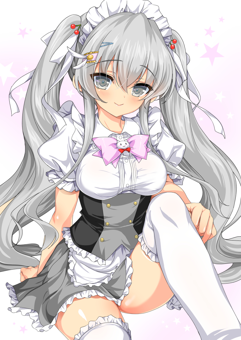 1girl bangs blush breasts emily_(pure_dream) eyebrows_visible_through_hair gradient gradient_background grey_eyes grey_hair looking_at_viewer maid_headdress medium_breasts original puffy_short_sleeves puffy_sleeves short_sleeves simple_background sitting smile solo twintails