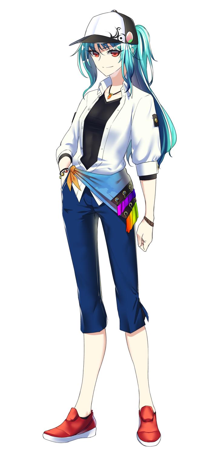 1girl baseball_cap black_shirt blue_hair blue_pants character_request check_copyright closed_mouth contemporary copyright_request full_body hat highres jacket jewelry looking_at_viewer necklace open_clothes open_jacket pants ponytail red_eyes red_footwear shirt shoes shukusuri sidelocks simple_background smile solo touhou white_background white_jacket wristband