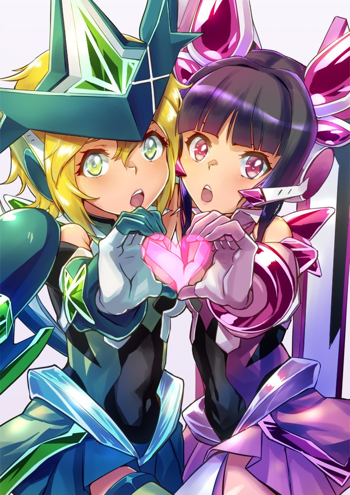 1000 2girls akatsuki_kirika black_hair blonde_hair covered_navel cowboy_shot detached_sleeves gloves green_eyes green_legwear green_skirt hair_intakes headset heart heart_hands heart_hands_duo long_hair looking_at_viewer microphone miniskirt multiple_girls open_mouth pink_eyes pleated_skirt purple_skirt senki_zesshou_symphogear shiny shiny_hair short_hair skirt standing thigh-highs tsukuyomi_shirabe white_gloves white_legwear zettai_ryouiki