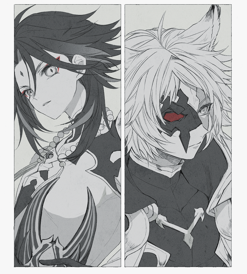 2boys animal_ears armor bangs bead_necklace beads closed_mouth erune eyeshadow facial_mark forehead_mark genshin_impact granblue_fantasy greyscale half_mask holding holding_mask jewelry makeup male_focus mask monochrome multiple_boys necklace parted_lips red_eyeshadow simple_background six_(granblue_fantasy) skk spot_color upper_body xiao_(genshin_impact)