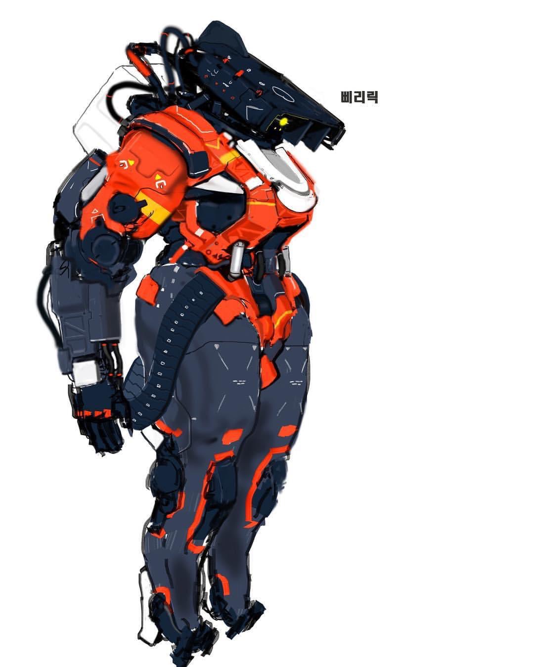 full_body highres korean_commentary korean_text looking_down mecha no_humans open_hand original science_fiction siku199 solo standing white_background