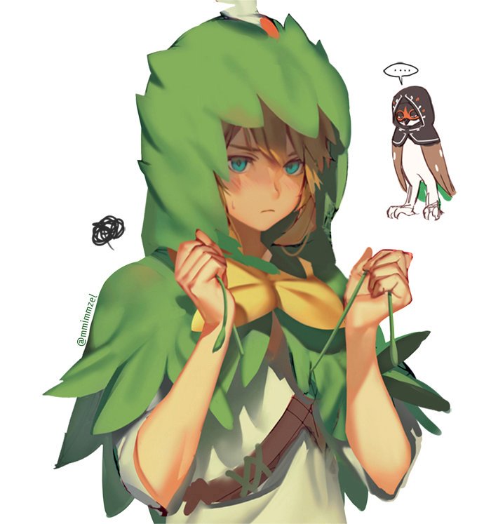 ... 1boy blonde_hair blue_eyes blush cosplay costume_switch decidueye decidueye_(cosplay) gen_7_pokemon hood leaf link male_focus mimme_(haenakk7) pointy_ears pokemon pokemon_(creature) pokemon_(game) pokemon_sm simple_background spoken_ellipsis squiggle starter_pokemon the_legend_of_zelda the_legend_of_zelda:_breath_of_the_wild twitter_username upper_body white_background