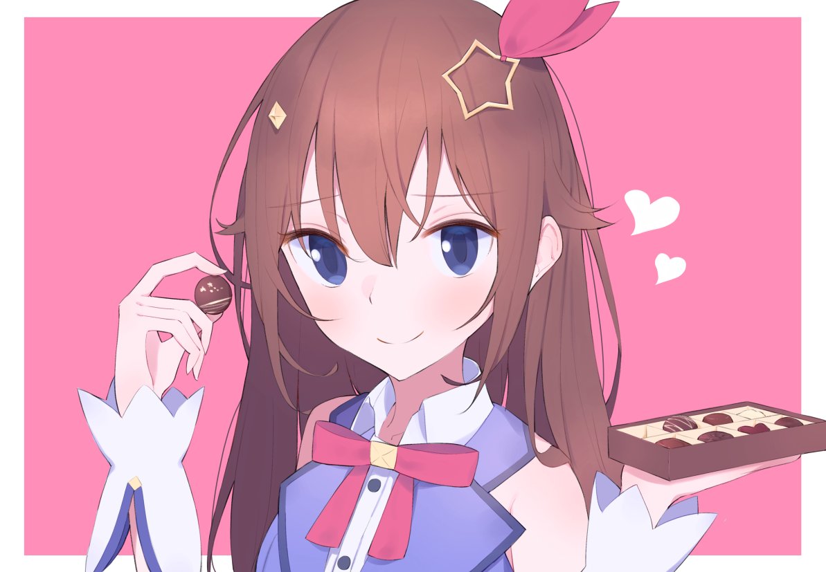 1girl bangs blue_eyes border box brown_hair chocolate eyebrows_visible_through_hair food hair_ornament heart holding holding_box holding_chocolate holding_food hololive looking_at_viewer outside_border pink_background senda_nara smile solo star_(symbol) star_hair_ornament tokino_sora upper_body white_border wrist_cuffs