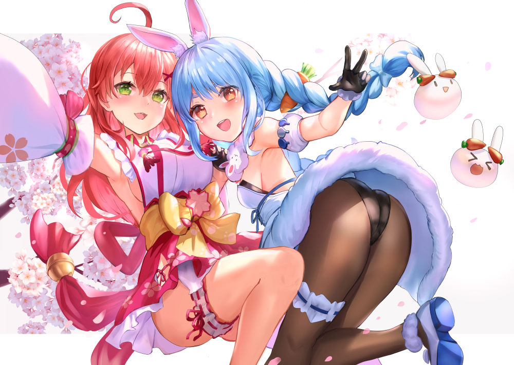 2girls ahoge animal_ear_fluff animal_ears armpits ass bare_shoulders black_gloves black_leotard blue_hair bow braid breasts brown_legwear carrot_hair_ornament carrying commentary_request detached_sleeves flower food_themed_hair_ornament fur-trimmed_gloves fur_trim gloves hair_bow hair_ornament hairclip hololive japanese_clothes kimono leotard long_hair medium_breasts multiple_girls nontraditional_miko pantyhose pleated_skirt puffy_short_sleeves puffy_sleeves qian_wu_atai rabbit_ears red_skirt redhead sakura_miko shoe_soles short_sleeves sideboob skirt strapless strapless_leotard tree_branch twin_braids twintails usada_pekora very_long_hair virtual_youtuber white_bow white_flower white_footwear white_kimono white_sleeves wide_sleeves x_hair_ornament