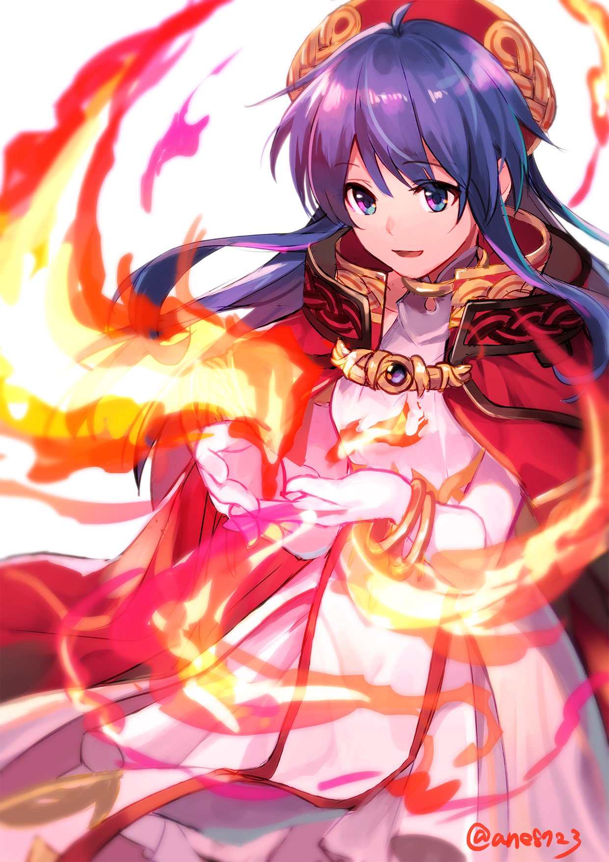 1girl :d ahoge ane-suisei bangs blue_eyes blue_hair bracelet cape dress eyebrows_visible_through_hair fire fire_emblem fire_emblem:_the_binding_blade floating_hair hair_between_eyes hat highres jewelry lilina_(fire_emblem) long_dress long_hair open_mouth red_cape red_headwear shiny shiny_hair smile solo twitter_username white_dress