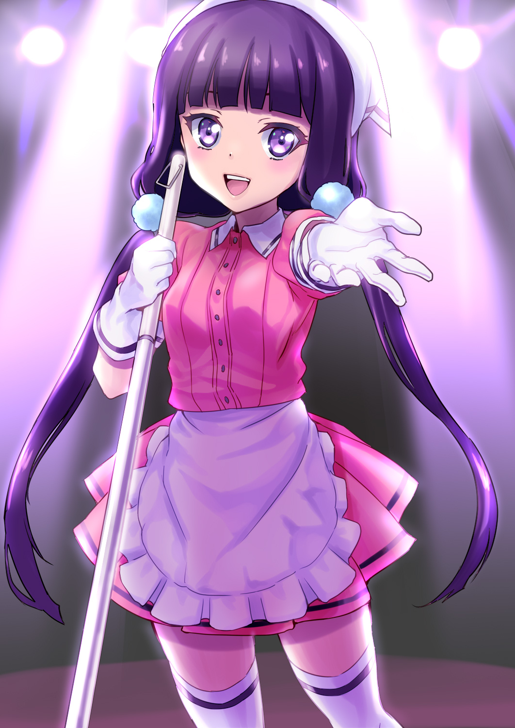 1000 1girl :d apron bangs blend_s blunt_bangs broom collared_shirt cowboy_shot dress_shirt floating_hair gloves highres holding holding_broom long_hair looking_at_viewer miniskirt open_mouth pink_shirt pink_skirt pleated_skirt purple_hair sakuranomiya_maika shiny shiny_hair shirt short_sleeves skirt smile solo standing thigh-highs twintails very_long_hair violet_eyes waist_apron white_apron white_gloves white_legwear wing_collar zettai_ryouiki