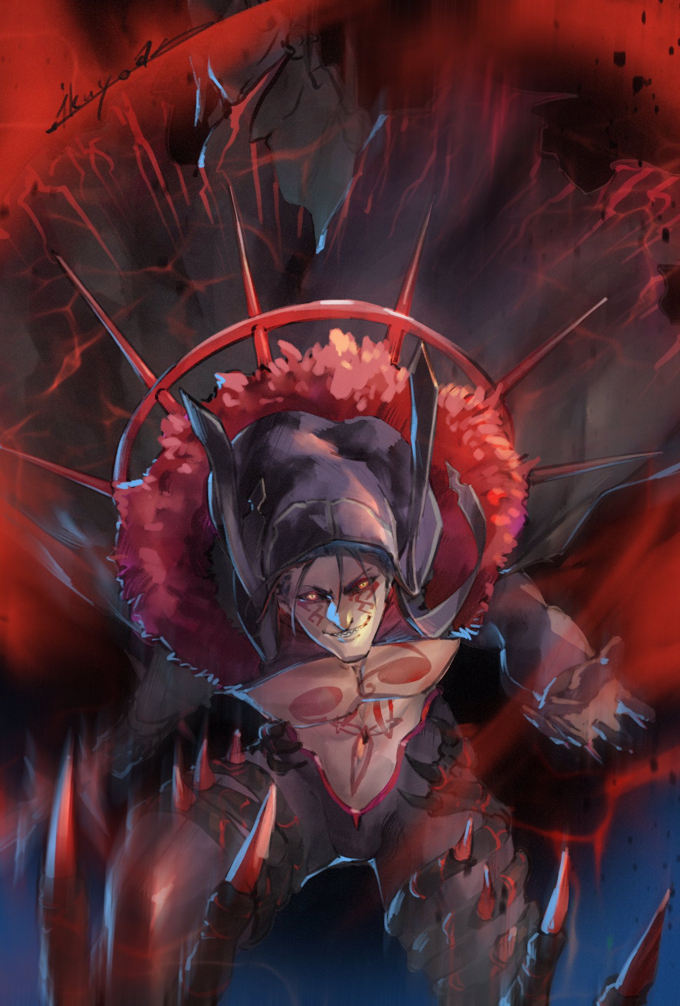 1boy black_pants blue_hair bodypaint bulge cape claws cu_chulainn_(fate)_(all) cu_chulainn_alter_(fate/grand_order) dark_blue_hair dark_persona detached_hood facepaint fate/grand_order fate_(series) fur-trimmed_cape fur_trim grin highres hood hood_up ikuyoan leaning_forward long_hair male_focus monster_boy muscular muscular_male navel pants pectorals ponytail red_eyes sharp_teeth shirtless signature slit_pupils smile solo spikes teeth